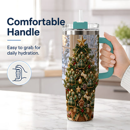 #pl[40oz|Green] Christmas Dog Paw 40oz Handled Tumbler, Festive Green Plaid Design