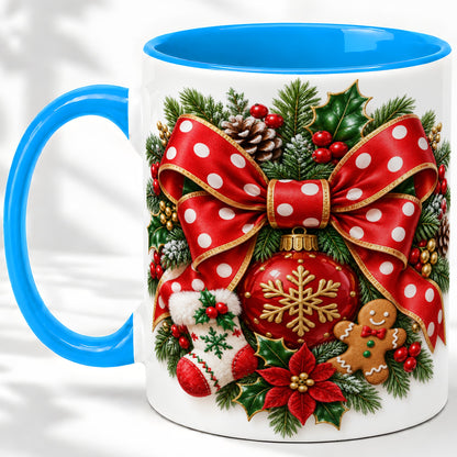 #pl[11oz|Blue] Christmas Wreath Bow Accent Mug, Ceramic Cup with Holiday Artwork