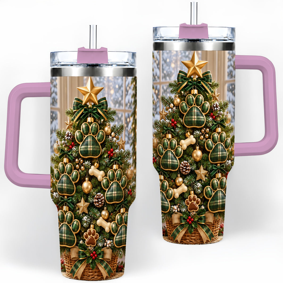 #pl[40oz|Pink] Christmas Dog Paw 40oz Handled Tumbler, Festive Green Plaid Design