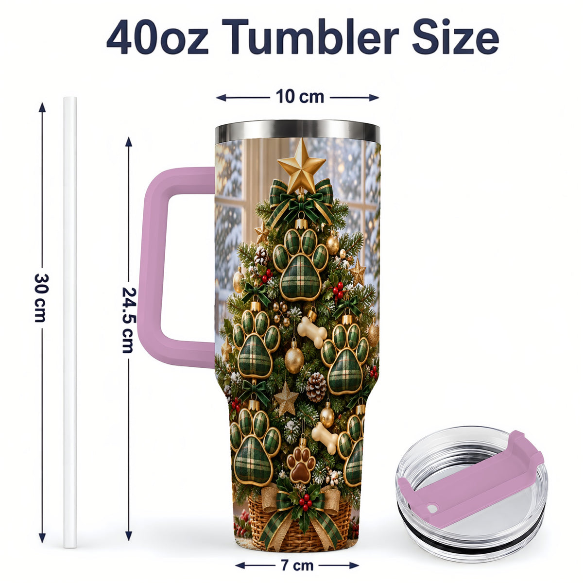 #pl[40oz|Pink] Christmas Dog Paw 40oz Handled Tumbler, Festive Green Plaid Design