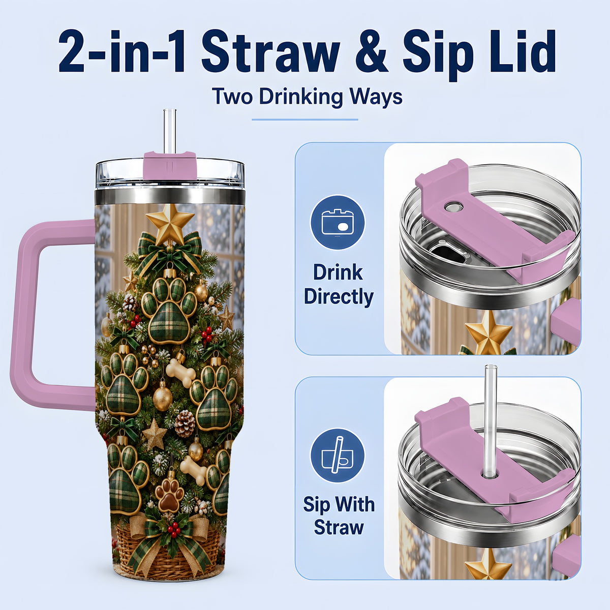 #pl[40oz|Pink] Christmas Dog Paw 40oz Handled Tumbler, Festive Green Plaid Design
