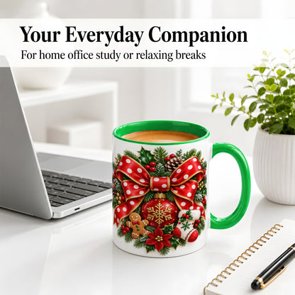 #pl[11oz|Green] Christmas Wreath Bow Accent Mug, Ceramic Cup with Holiday Artwork