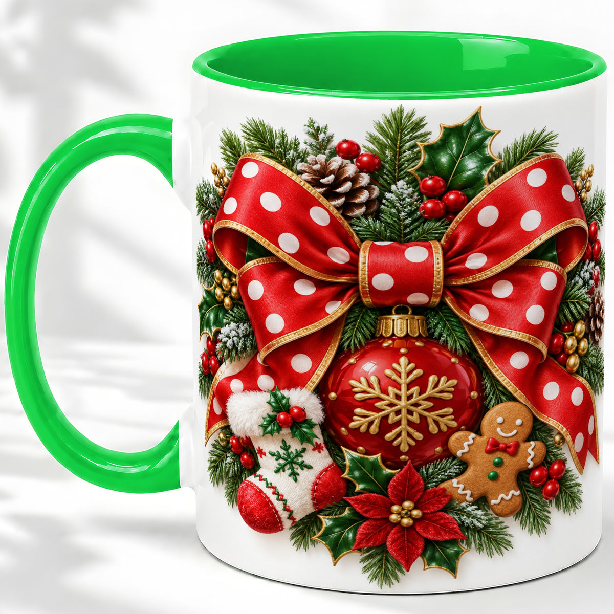 #pl[11oz|Green] Christmas Wreath Bow Accent Mug, Ceramic Cup with Holiday Artwork