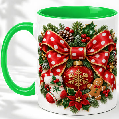 #pl[11oz|Green] Christmas Wreath Bow Accent Mug, Ceramic Cup with Holiday Artwork