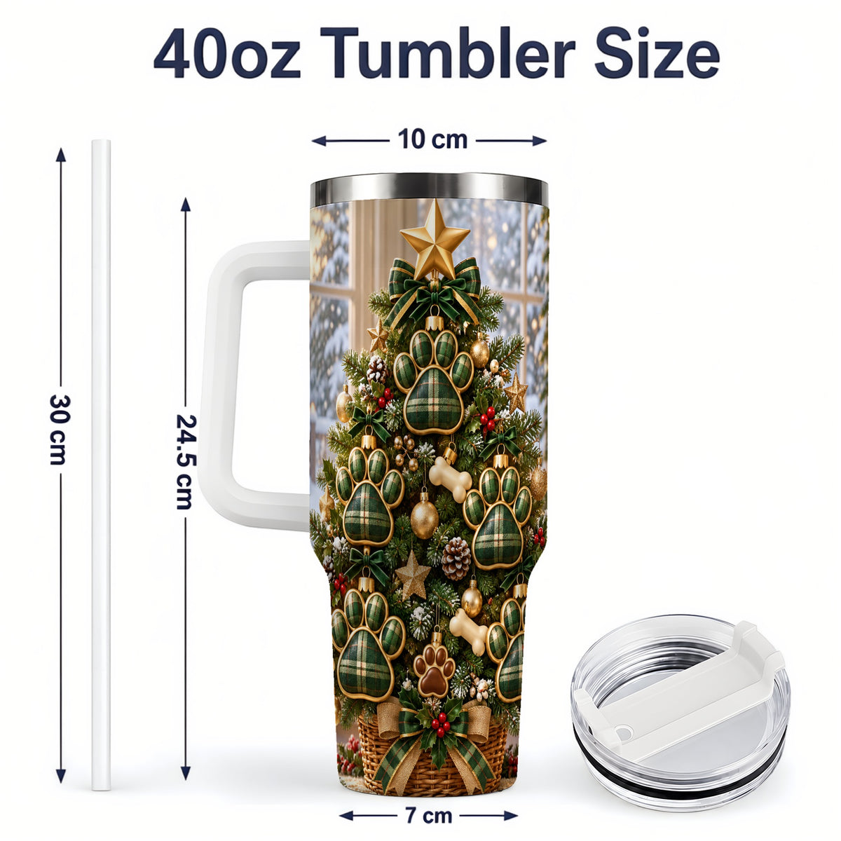#pl[40oz|White] Christmas Dog Paw 40oz Handled Tumbler, Festive Green Plaid Design