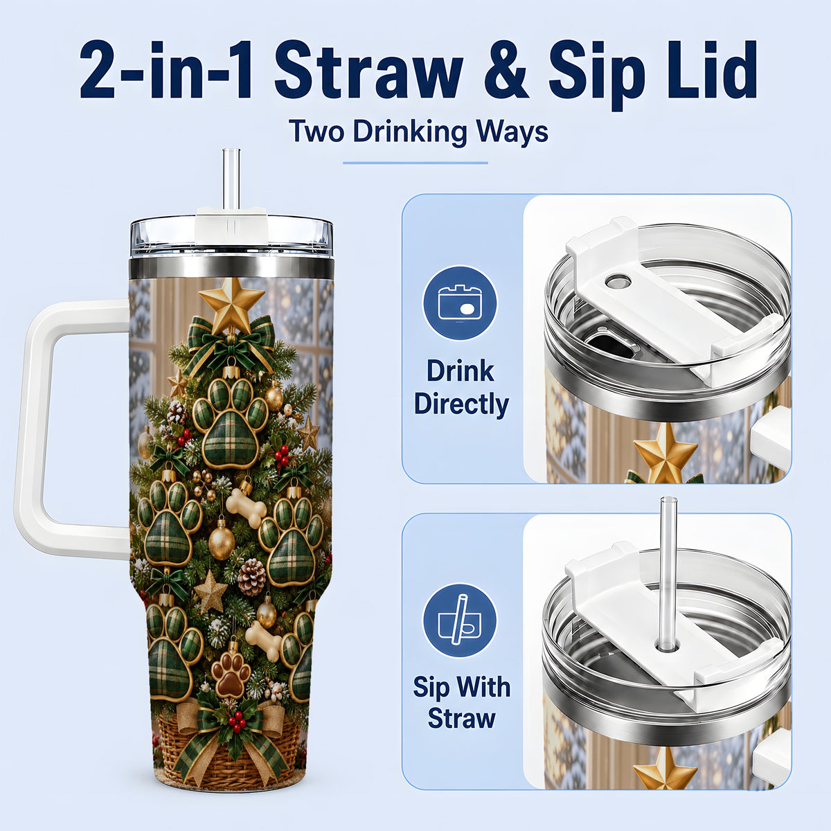#pl[40oz|White] Christmas Dog Paw 40oz Handled Tumbler, Festive Green Plaid Design