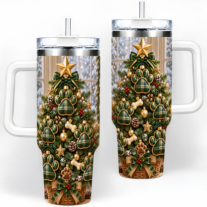 Christmas Dog Paw 40oz Handled Tumbler, Festive Green Plaid Design
