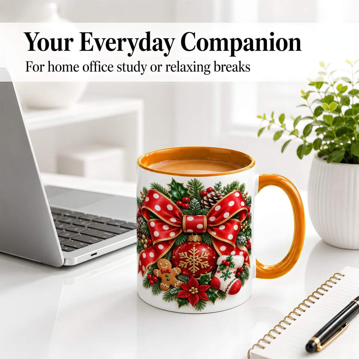 #pl[11oz|Orange] Christmas Wreath Bow Accent Mug, Ceramic Cup with Holiday Artwork