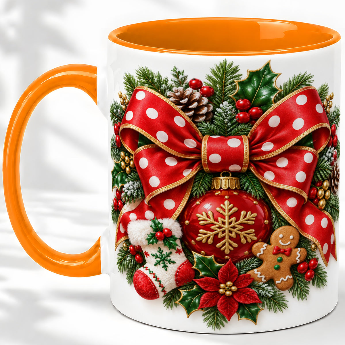 #pl[11oz|Orange] Christmas Wreath Bow Accent Mug, Ceramic Cup with Holiday Artwork