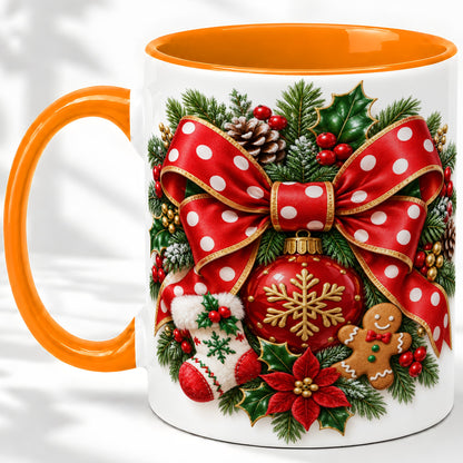 #pl[11oz|Orange] Christmas Wreath Bow Accent Mug, Ceramic Cup with Holiday Artwork
