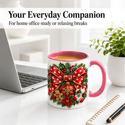 #pl[11oz|Pink] Christmas Wreath Bow Accent Mug, Ceramic Cup with Holiday Artwork