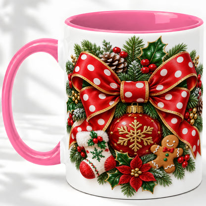 #pl[11oz|Pink] Christmas Wreath Bow Accent Mug, Ceramic Cup with Holiday Artwork