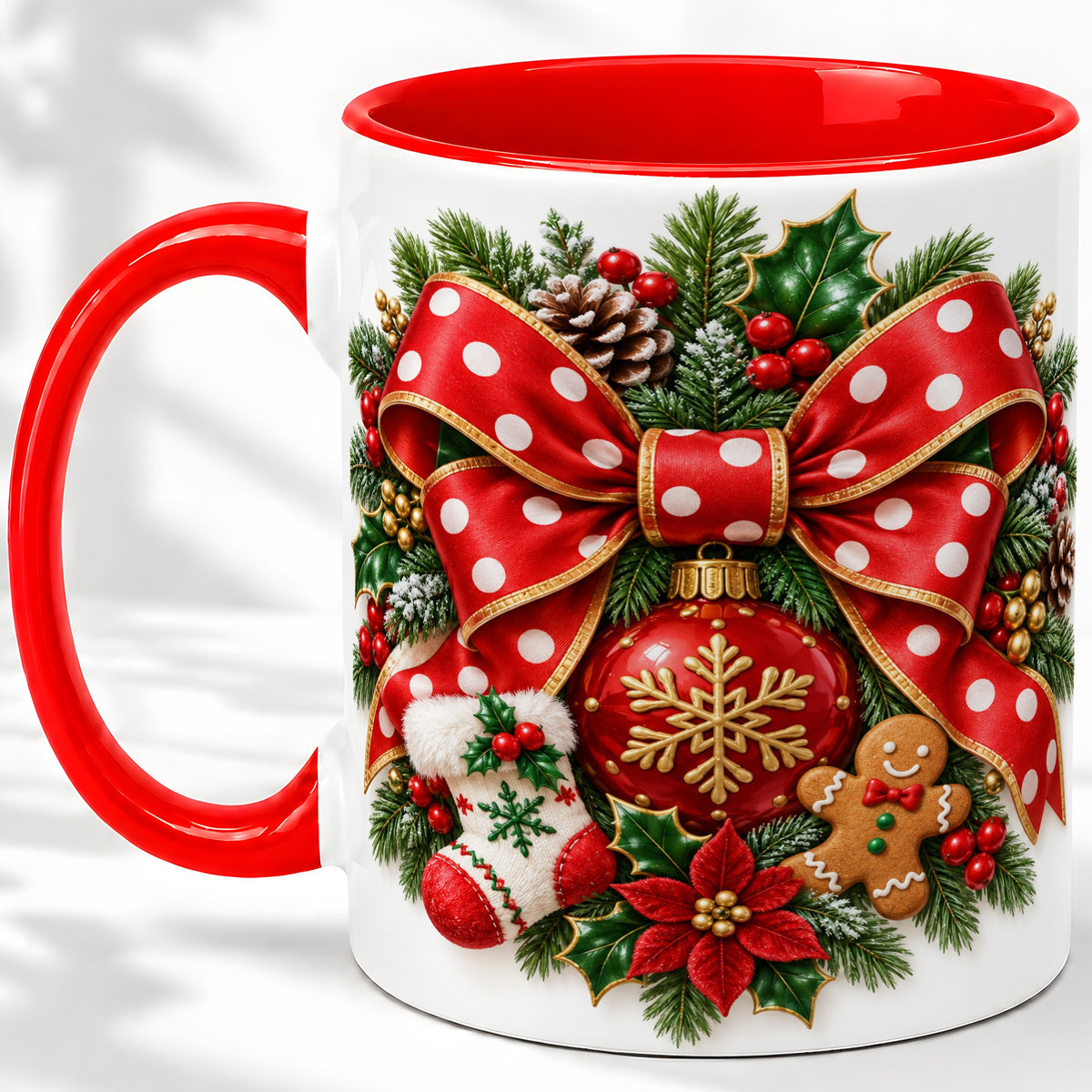 Christmas Wreath Bow Accent Mug, Ceramic Cup with Holiday Artwork