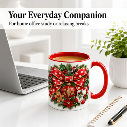 #pl[11oz|Red] Christmas Wreath Bow Accent Mug, Ceramic Cup with Holiday Artwork