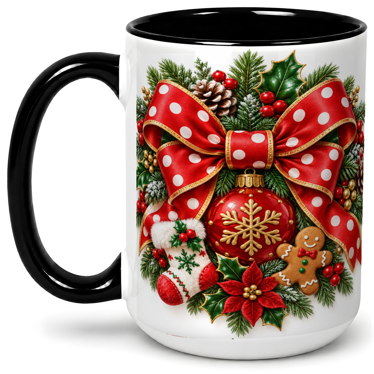 #pl[15oz|Black] Christmas Wreath Bow Accent Mug, Ceramic Cup with Holiday Artwork