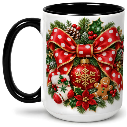 #pl[15oz|Black] Christmas Wreath Bow Accent Mug, Ceramic Cup with Holiday Artwork