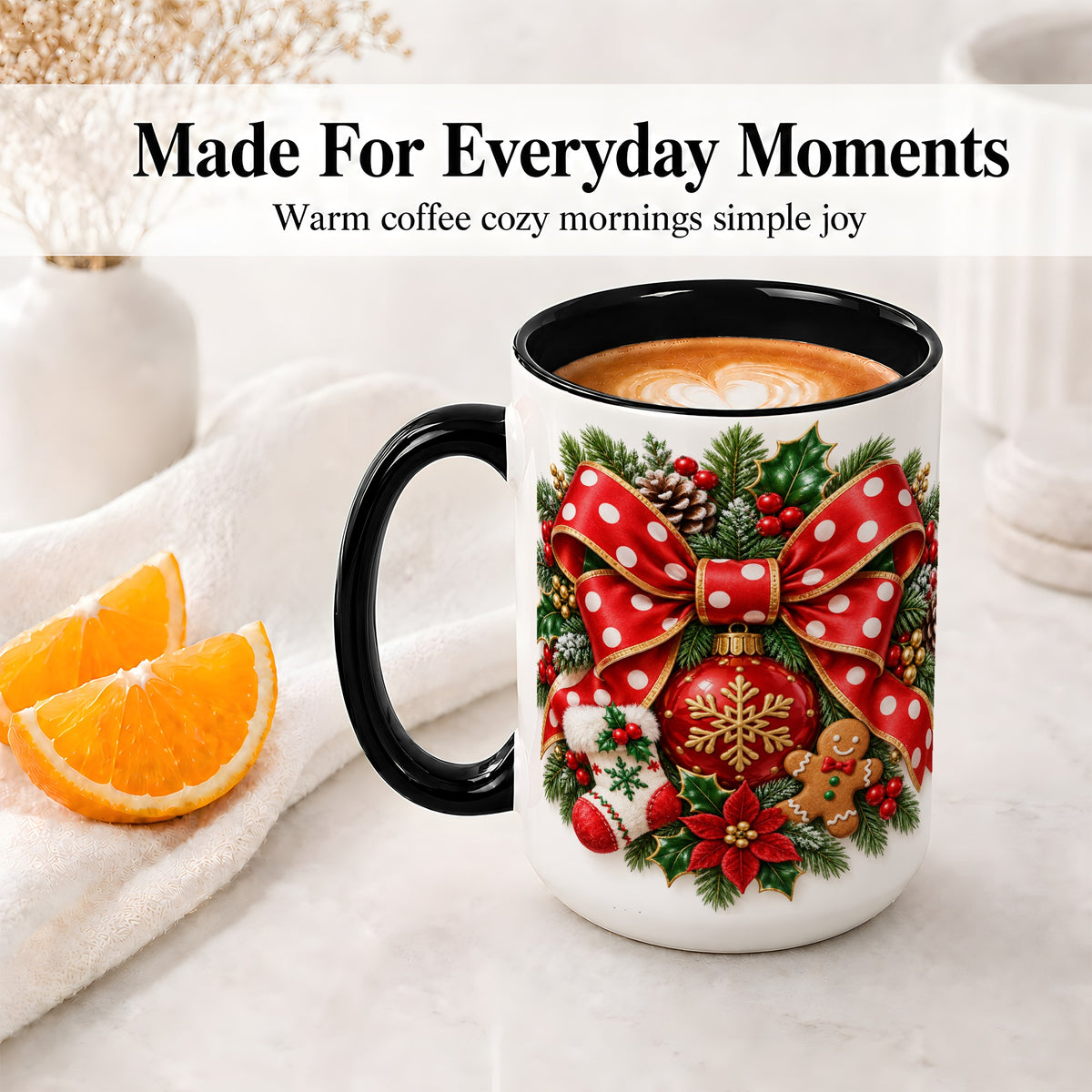 #pl[15oz|Black] Christmas Wreath Bow Accent Mug, Ceramic Cup with Holiday Artwork