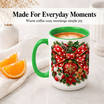 #pl[15oz|Green] Christmas Wreath Bow Accent Mug, Ceramic Cup with Holiday Artwork