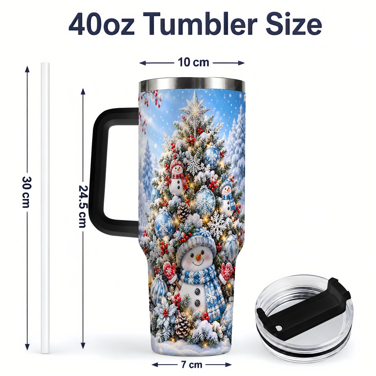 #pl[40oz|Black] Snowman Christmas Tree 40oz Handled Tumbler, Blue Winter Design