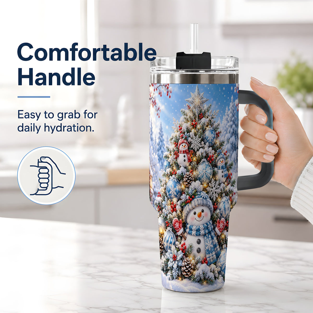 #pl[40oz|Black] Snowman Christmas Tree 40oz Handled Tumbler, Blue Winter Design