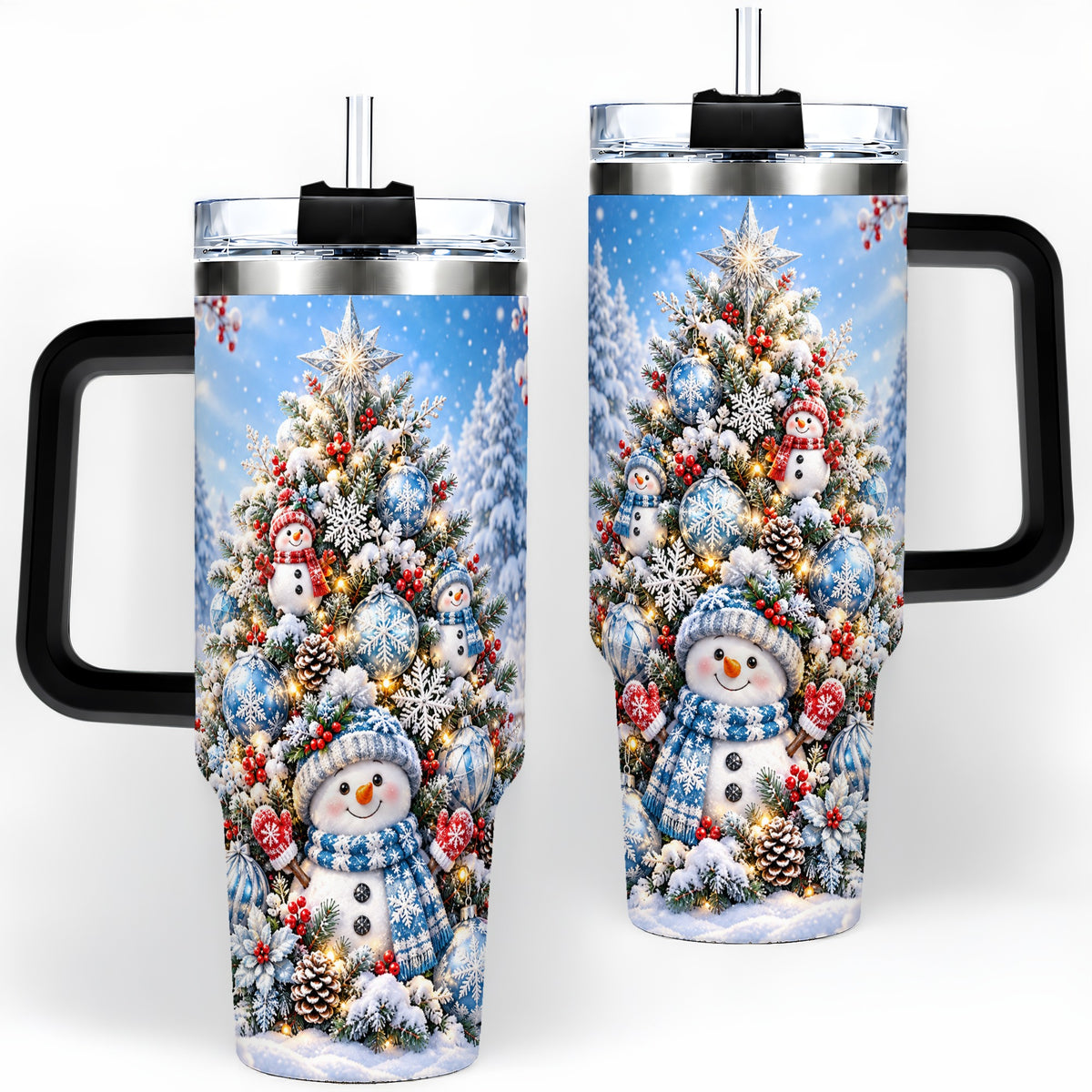 #pl[40oz|Black] Snowman Christmas Tree 40oz Handled Tumbler, Blue Winter Design