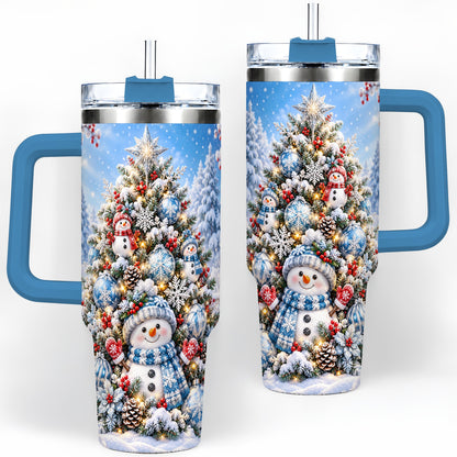 #pl[40oz|Blue] Snowman Christmas Tree 40oz Handled Tumbler, Blue Winter Design