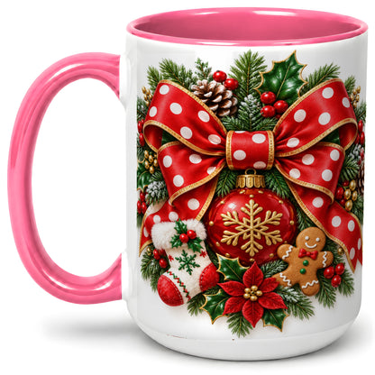 #pl[15oz|Pink] Christmas Wreath Bow Accent Mug, Ceramic Cup with Holiday Artwork