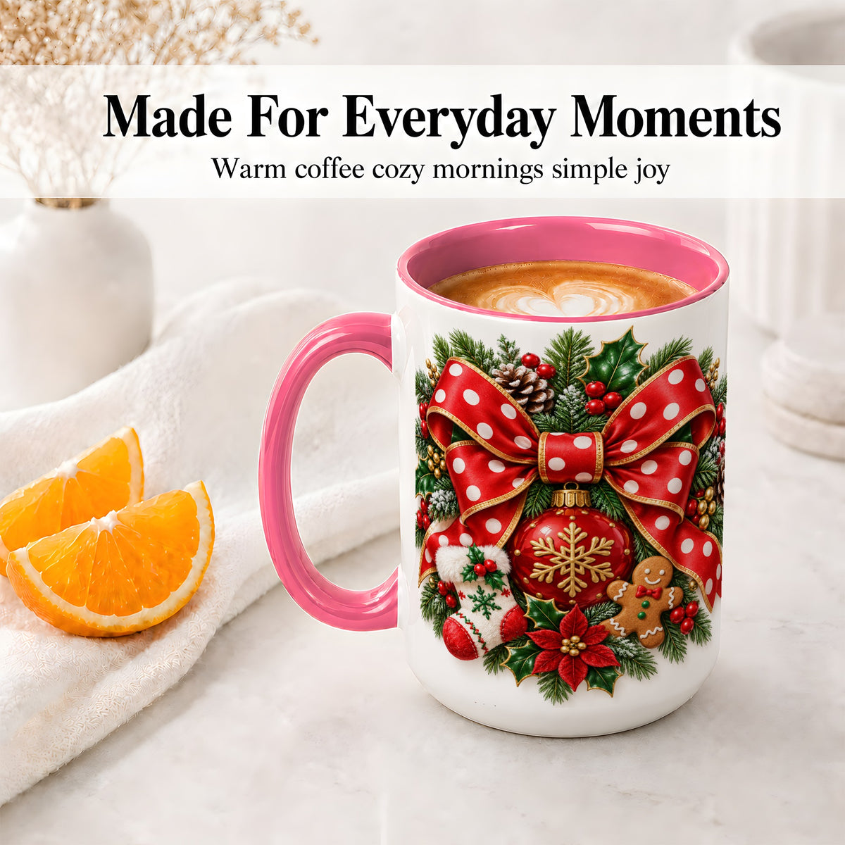 #pl[15oz|Pink] Christmas Wreath Bow Accent Mug, Ceramic Cup with Holiday Artwork