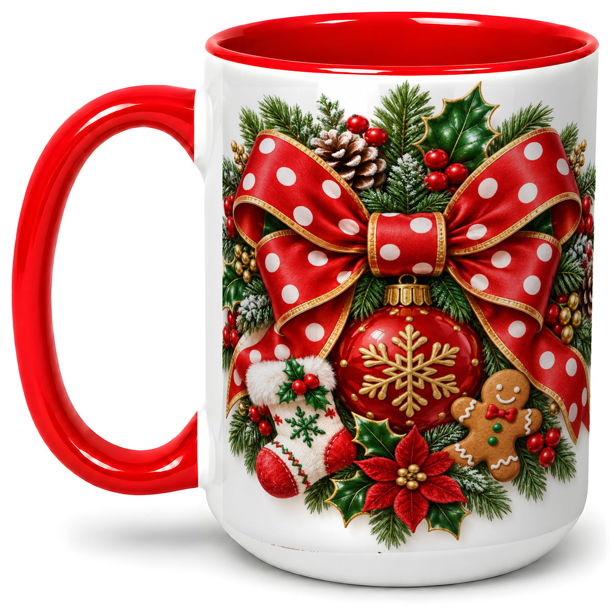 #pl[15oz|Red] Christmas Wreath Bow Accent Mug, Ceramic Cup with Holiday Artwork
