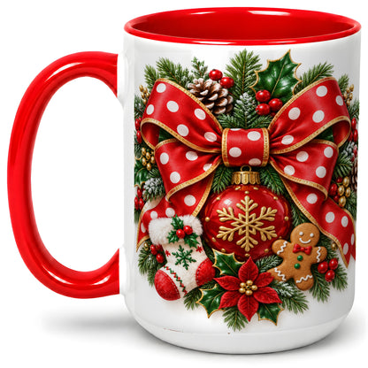#pl[15oz|Red] Christmas Wreath Bow Accent Mug, Ceramic Cup with Holiday Artwork