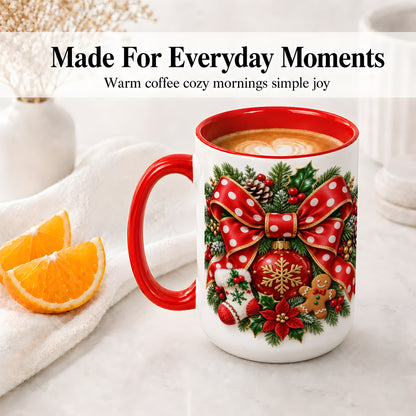#pl[15oz|Red] Christmas Wreath Bow Accent Mug, Ceramic Cup with Holiday Artwork