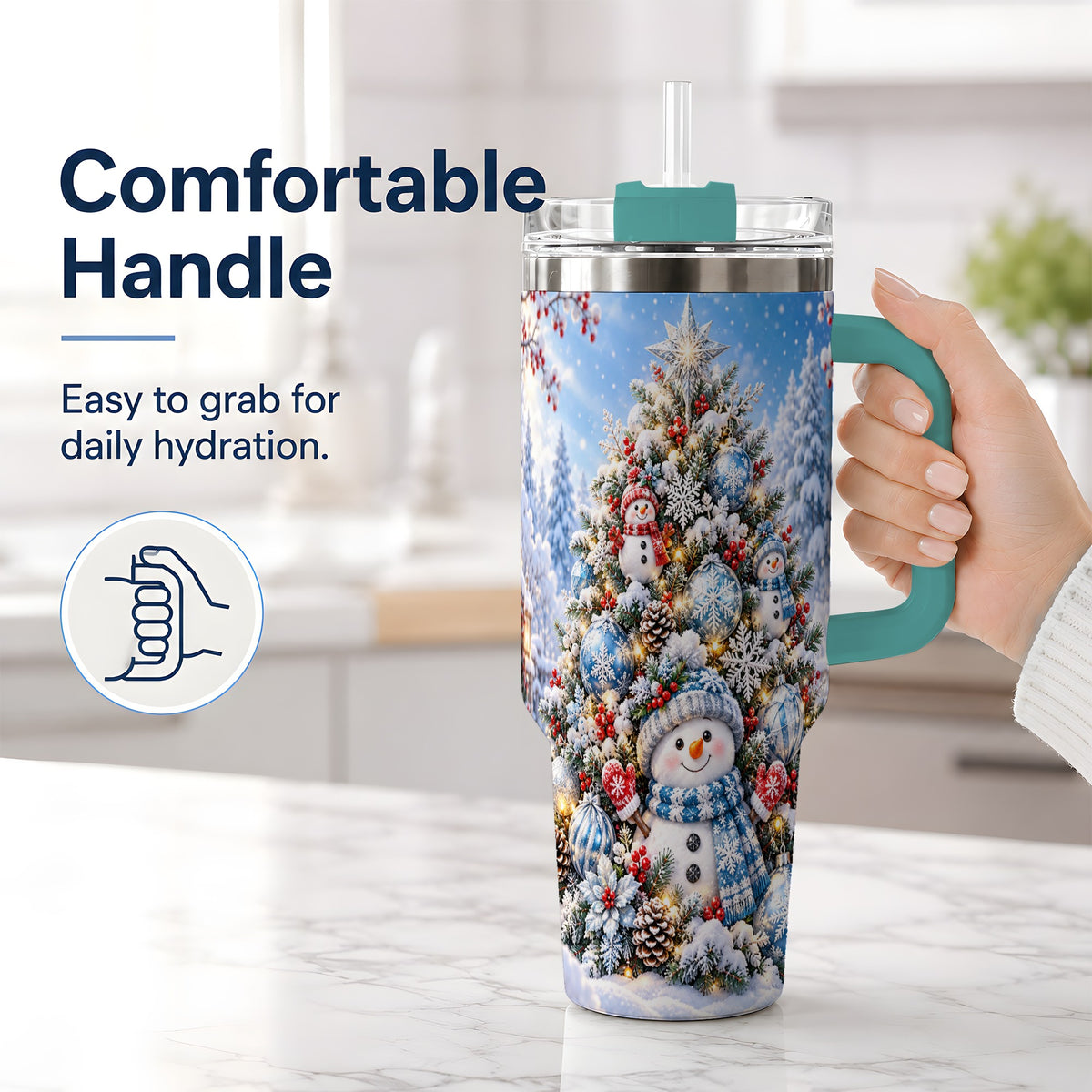 #pl[40oz|Green] Snowman Christmas Tree 40oz Handled Tumbler, Blue Winter Design