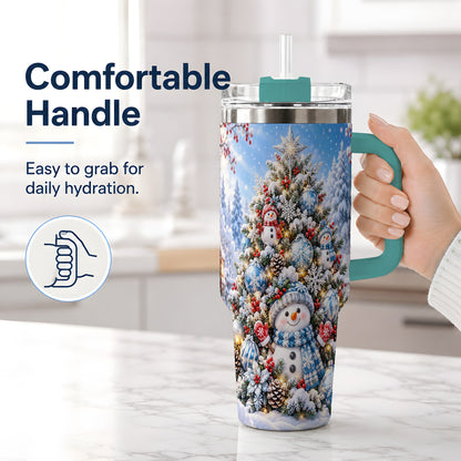 #pl[40oz|Green] Snowman Christmas Tree 40oz Handled Tumbler, Blue Winter Design