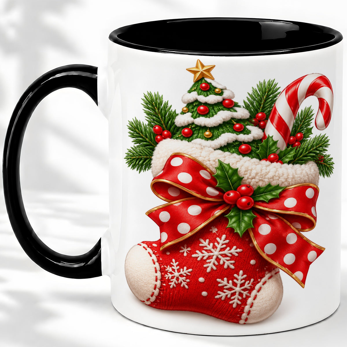 #pl[11oz|Black] Christmas Stocking Bow Accent Mug, Ceramic Cup with Festive Art