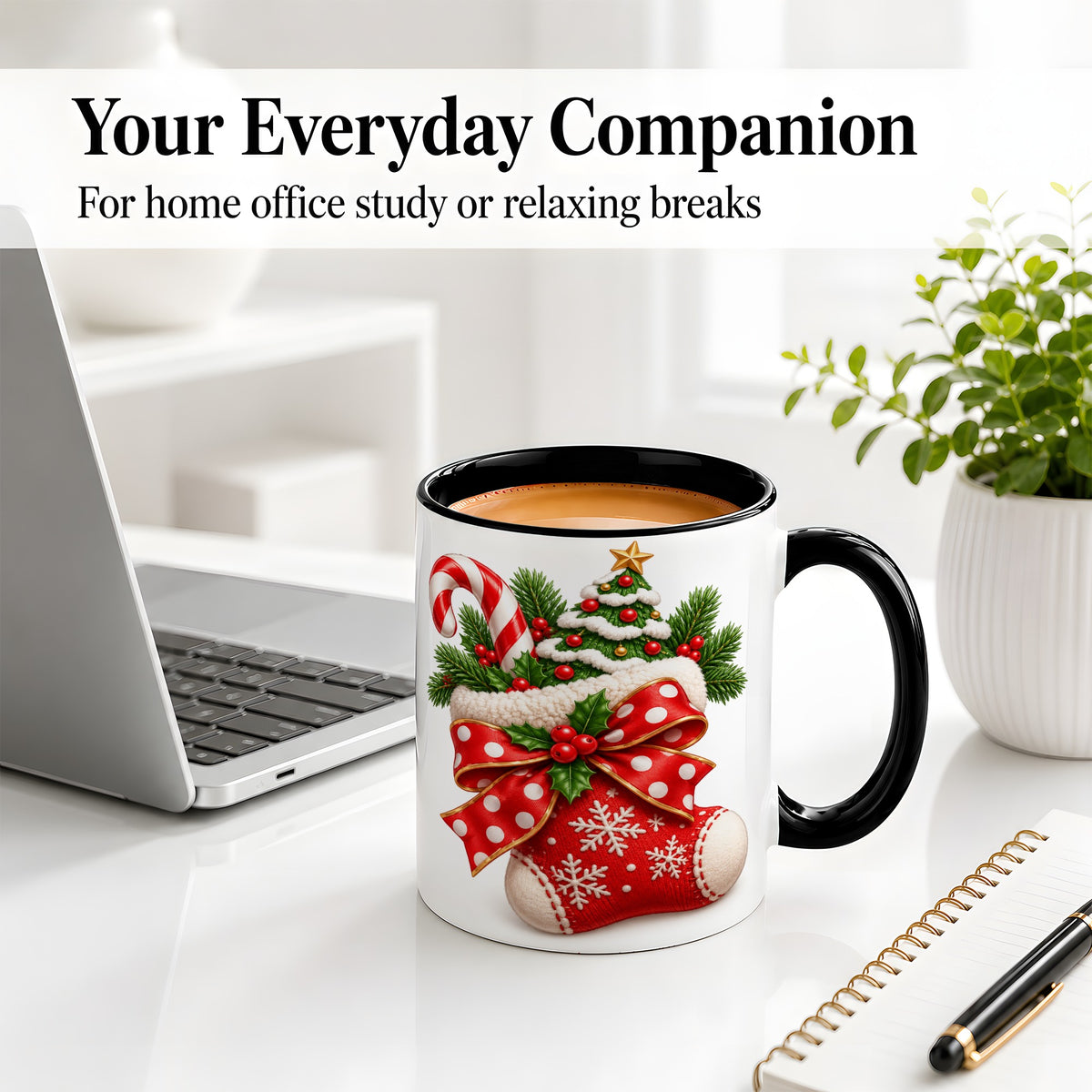 #pl[11oz|Black] Christmas Stocking Bow Accent Mug, Ceramic Cup with Festive Art