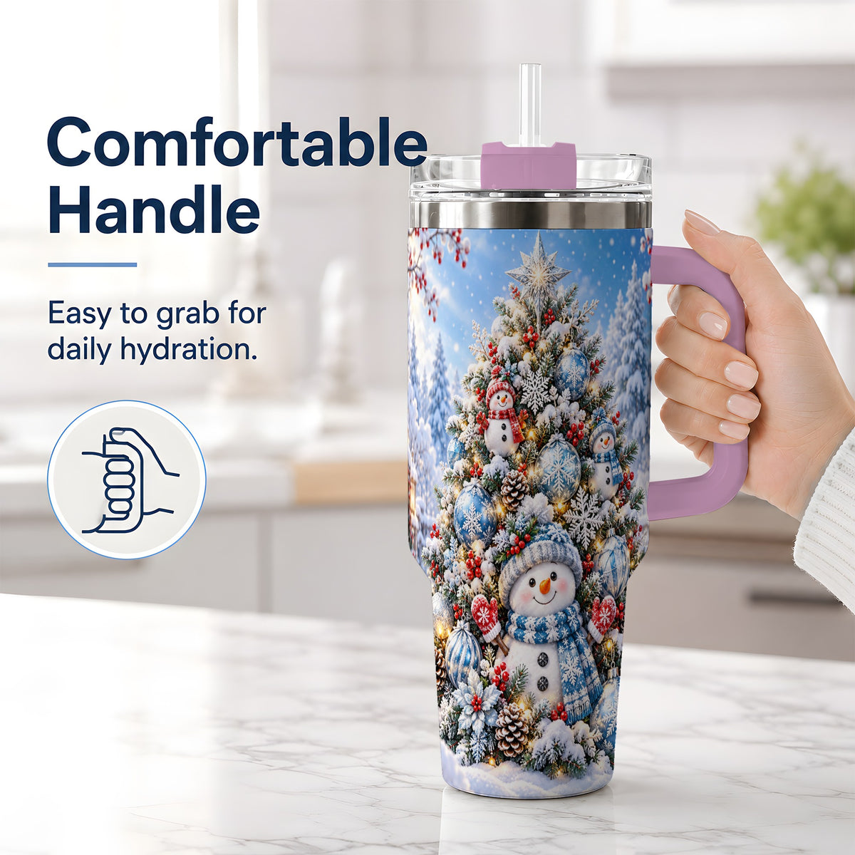 #pl[40oz|Pink] Snowman Christmas Tree 40oz Handled Tumbler, Blue Winter Design