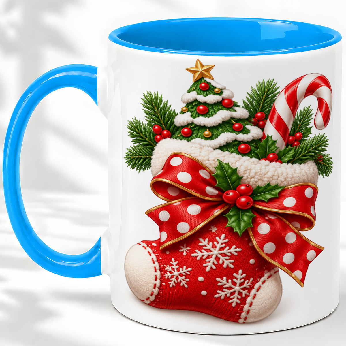 #pl[11oz|Blue] Christmas Stocking Bow Accent Mug, Ceramic Cup with Festive Art