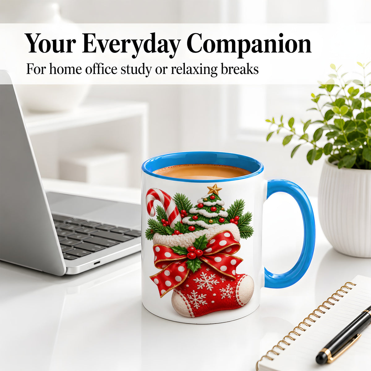 #pl[11oz|Blue] Christmas Stocking Bow Accent Mug, Ceramic Cup with Festive Art