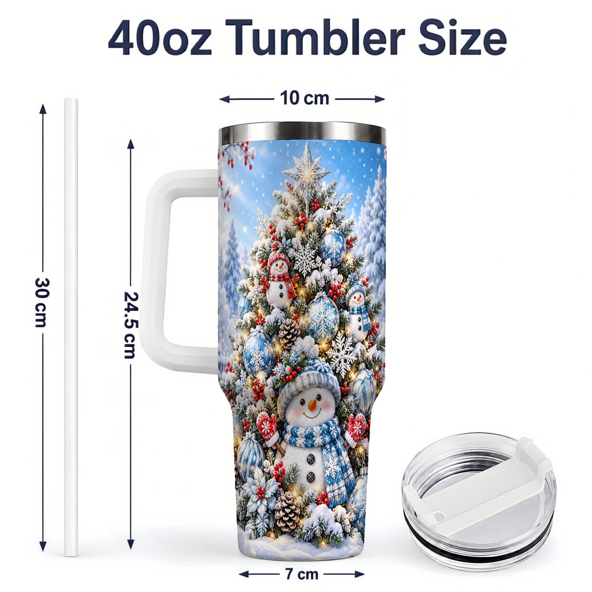 #pl[40oz|White] Snowman Christmas Tree 40oz Handled Tumbler, Blue Winter Design