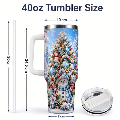 #pl[40oz|White] Snowman Christmas Tree 40oz Handled Tumbler, Blue Winter Design