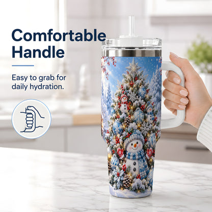 #pl[40oz|White] Snowman Christmas Tree 40oz Handled Tumbler, Blue Winter Design