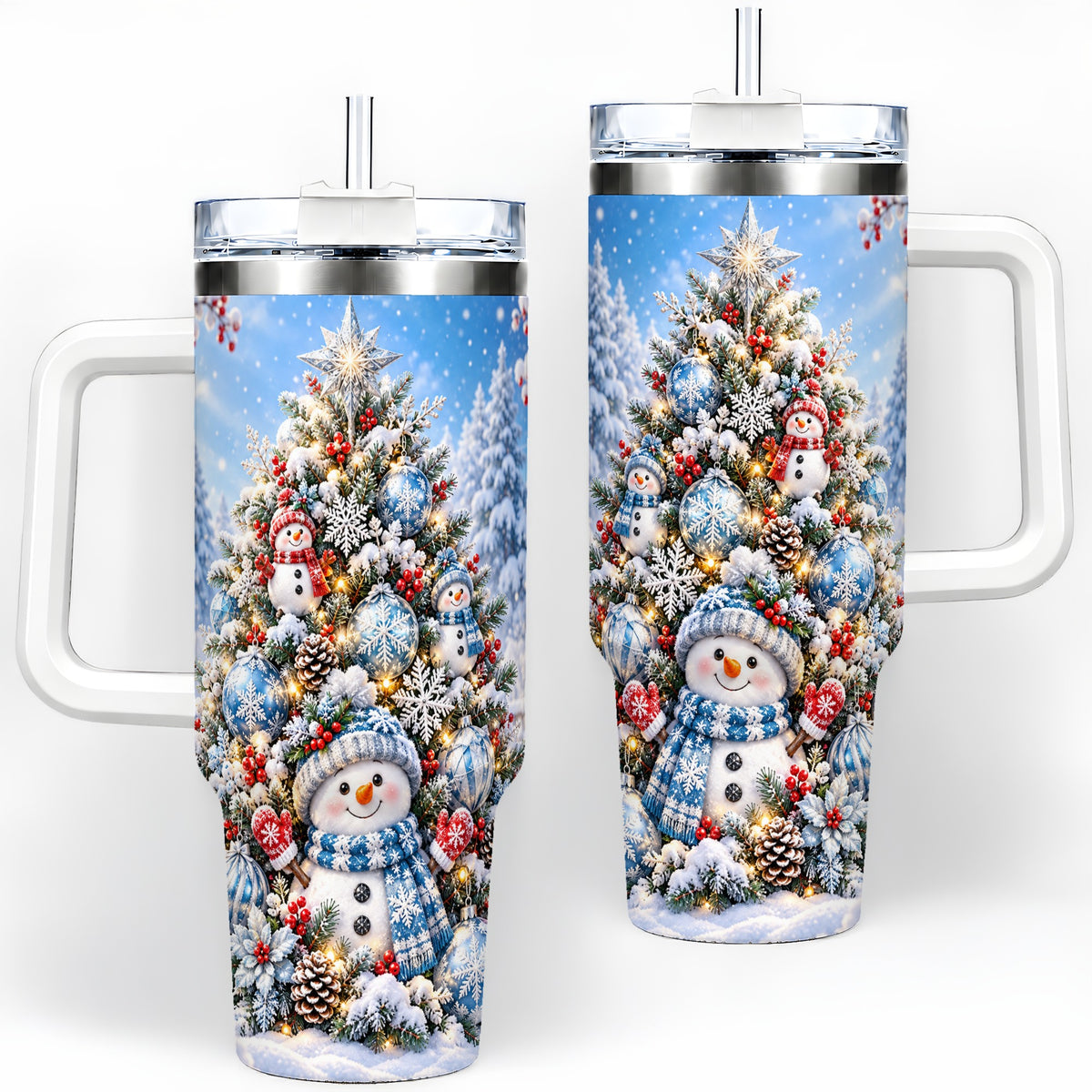 Snowman Christmas Tree 40oz Handled Tumbler, Blue Winter Design