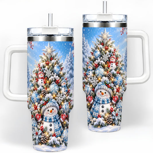 Snowman Christmas Tree 40oz Handled Tumbler, Blue Winter Design