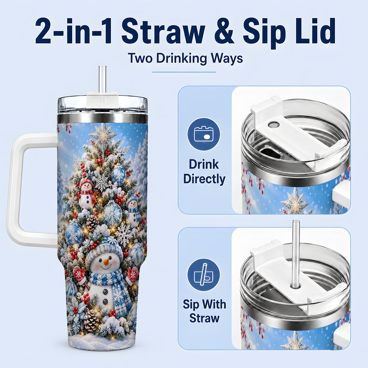 #pl[40oz|White] Snowman Christmas Tree 40oz Handled Tumbler, Blue Winter Design