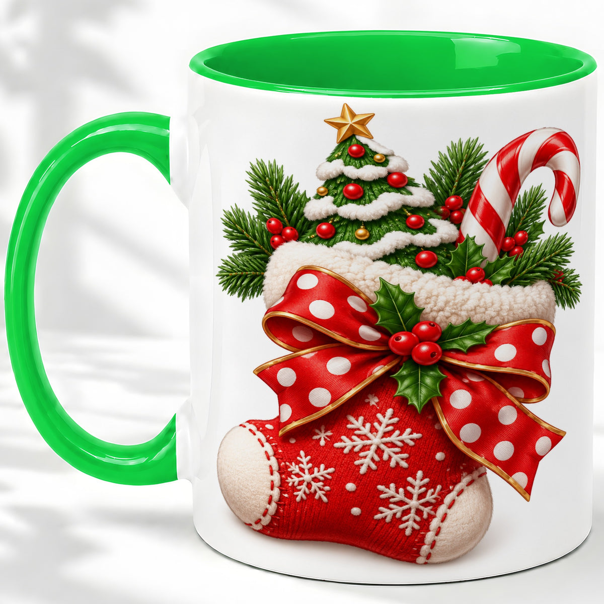 #pl[11oz|Green] Christmas Stocking Bow Accent Mug, Ceramic Cup with Festive Art