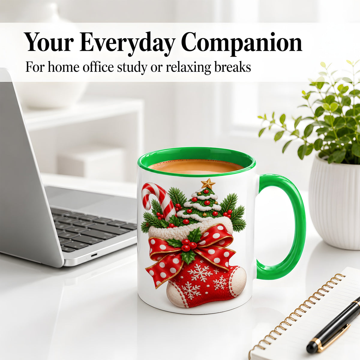 #pl[11oz|Green] Christmas Stocking Bow Accent Mug, Ceramic Cup with Festive Art
