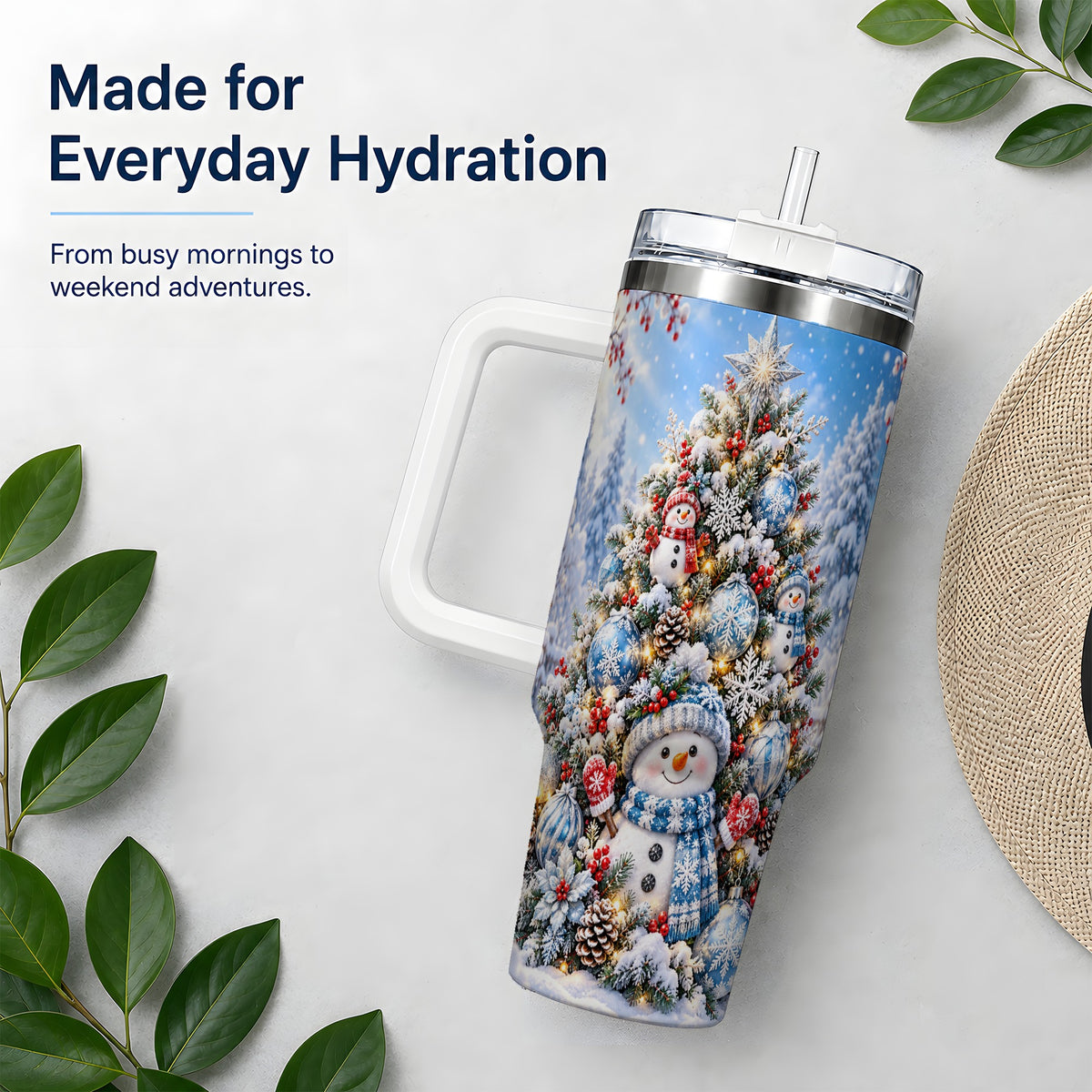 Snowman Christmas Tree 40oz Handled Tumbler, Blue Winter Design