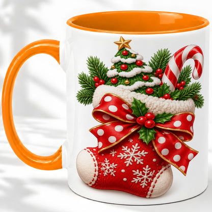 #pl[11oz|Orange] Christmas Stocking Bow Accent Mug, Ceramic Cup with Festive Art