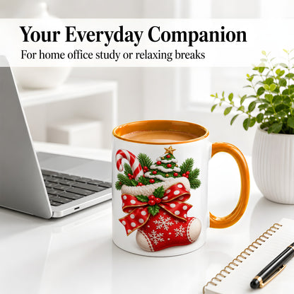 #pl[11oz|Orange] Christmas Stocking Bow Accent Mug, Ceramic Cup with Festive Art