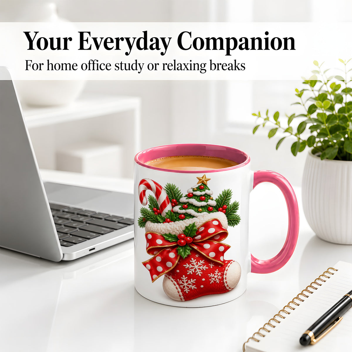 #pl[11oz|Pink] Christmas Stocking Bow Accent Mug, Ceramic Cup with Festive Art